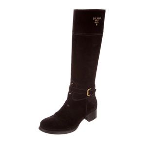 Prada knee-High Logo Riding Boot, Brown Suede, 37
